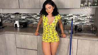 Beautiful Tattooed Woman In Solo Action In A Dorm Room Kitchen Drawer